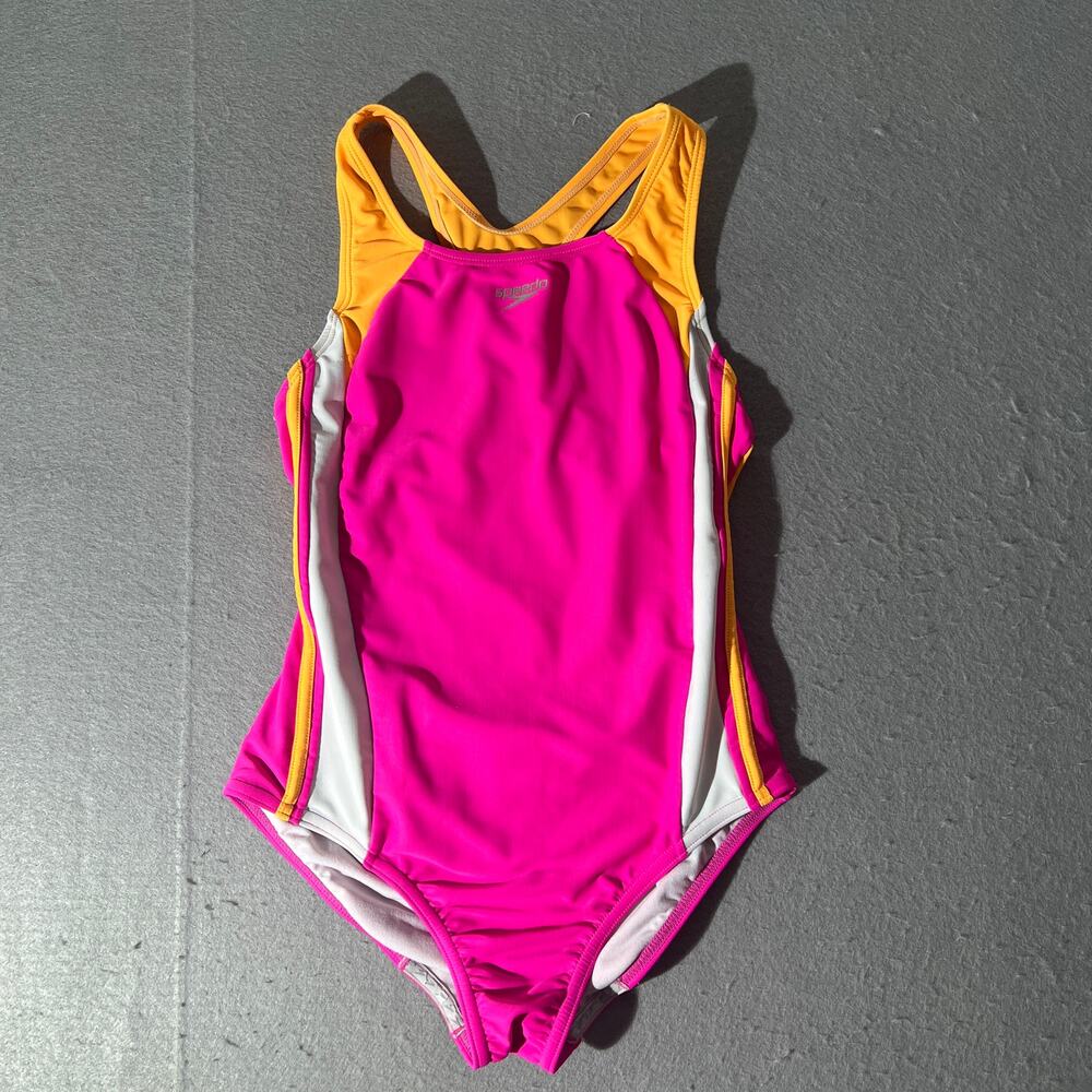 Speedo Girls Size 14 Pink Orange White Colorblock Racerback One Piece Swimsuit